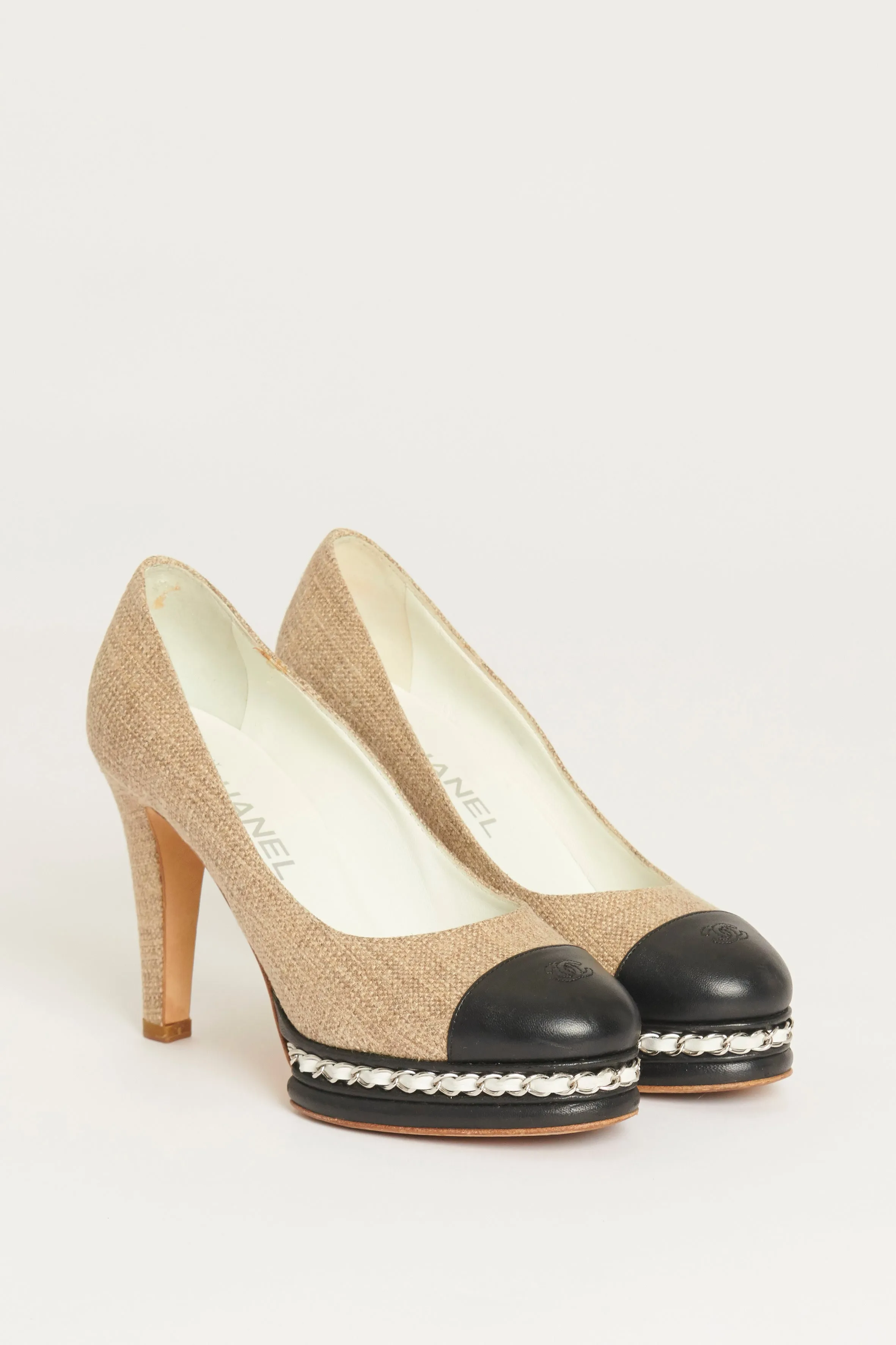 Beige Linen Cap Toe Preowned Platform Heels