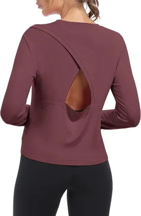 Bestisun Women Long Sleeve Open Back Athletic Wear Workout Yoga Gym Shirts Thumb Hole Clothes