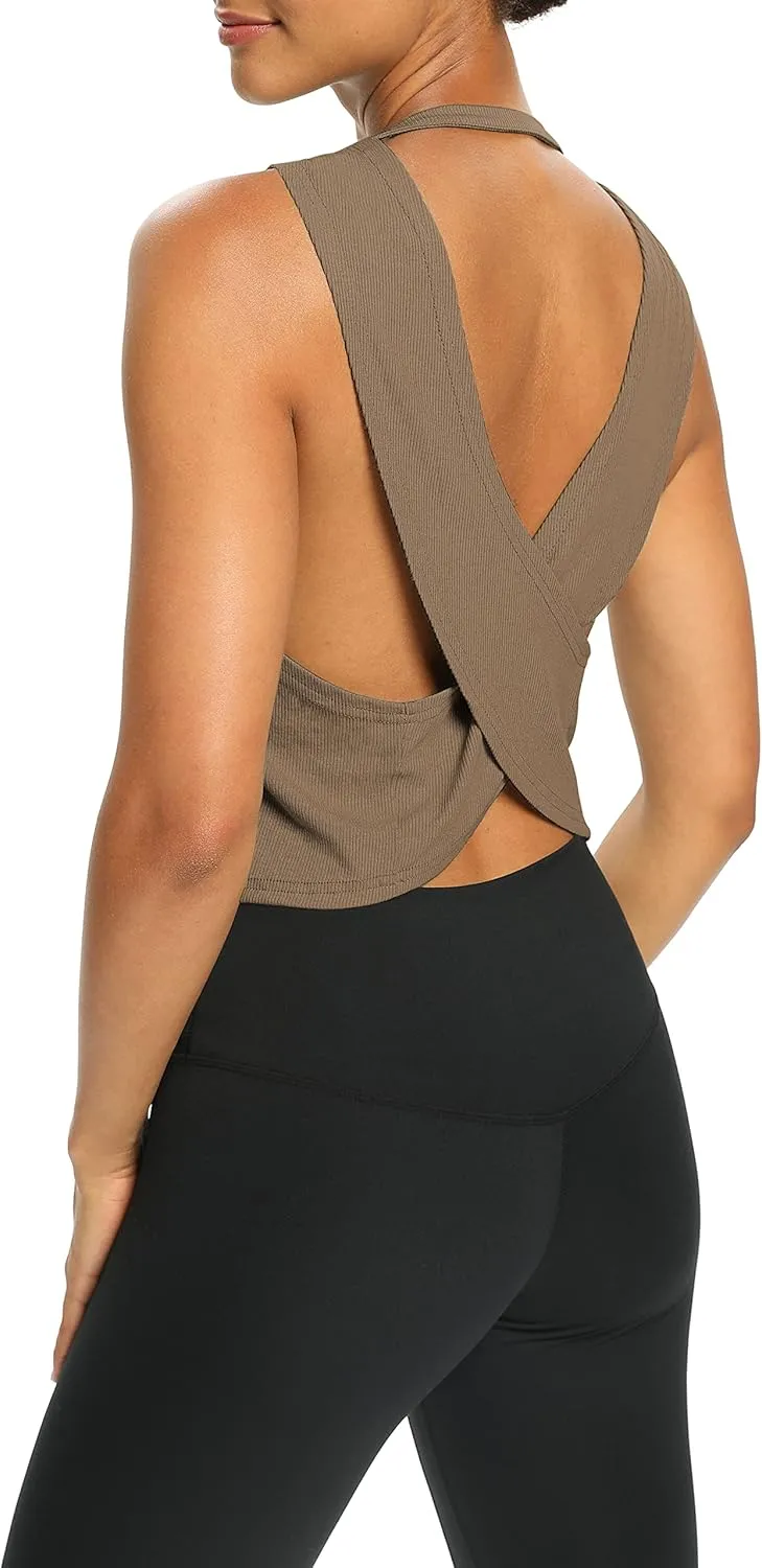 Bestisun Womens Open Back Workout Shirts Cropped Yoga Tank Tops Backless Athletic Clothes