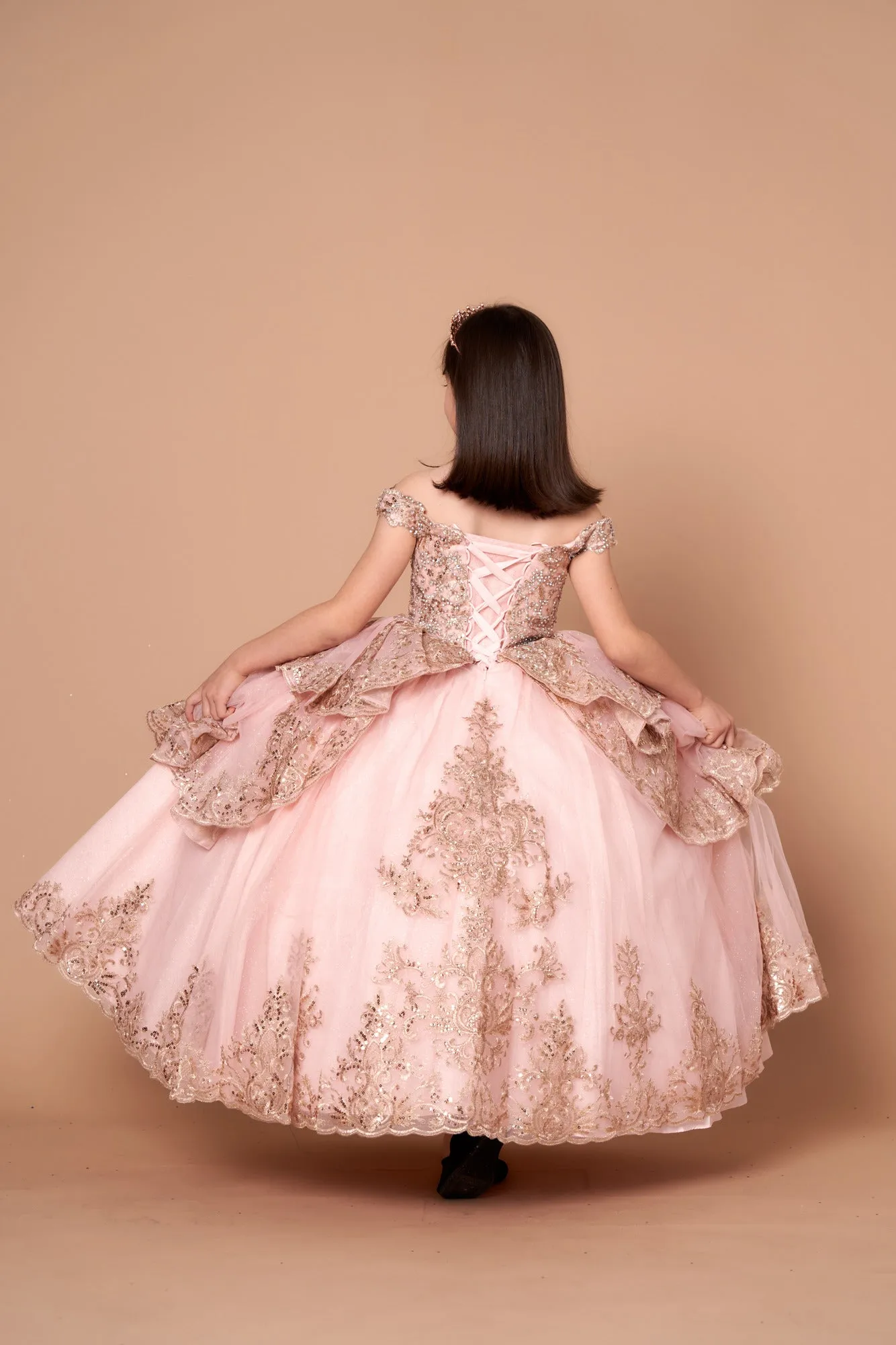 Big Girls Blush Glittery Gold Embroidered Off Shoulder Ball Gown 8-16