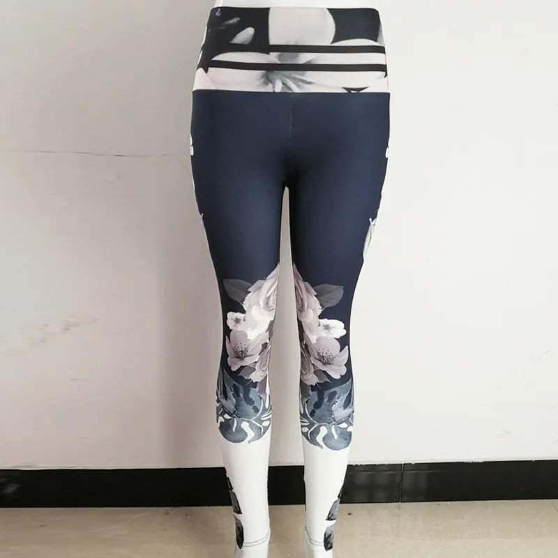 Blue Gray Leggings with Lined Waistband and Large White Flower Print Betsy_sale
