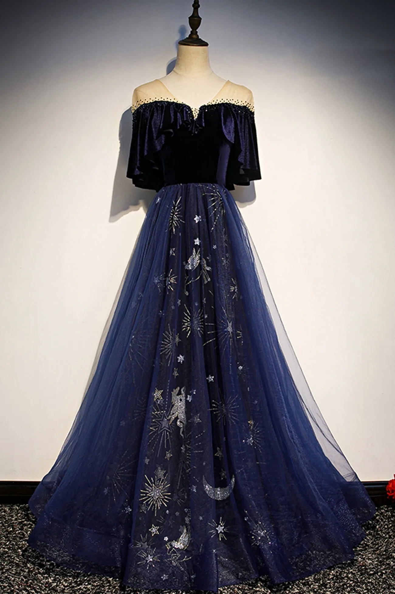 Blue Velvet Tulle Long Prom Dresses Formal Evening Dresses Off Shoulder