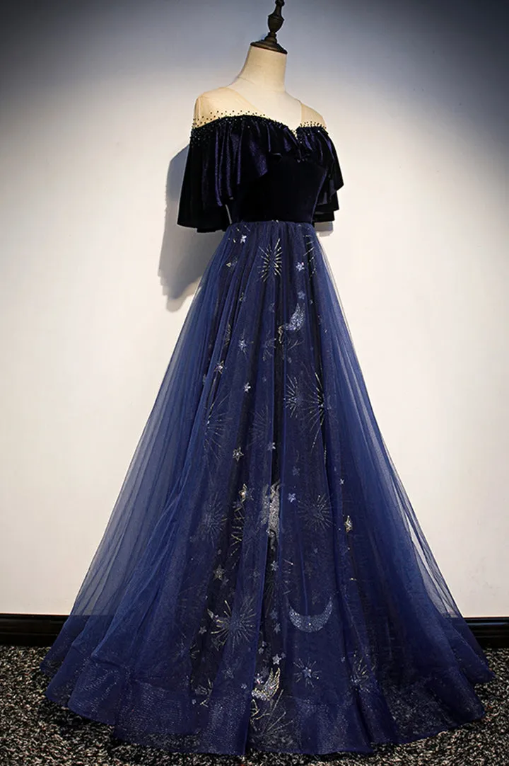 Blue Velvet Tulle Long Prom Dresses Formal Evening Dresses Off Shoulder