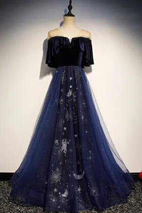 Blue Velvet Tulle Long Prom Dresses Formal Evening Dresses Off Shoulder