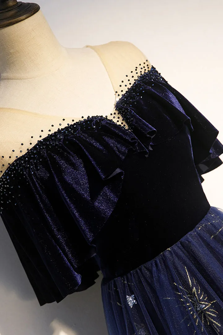 Blue Velvet Tulle Long Prom Dresses Formal Evening Dresses Off Shoulder