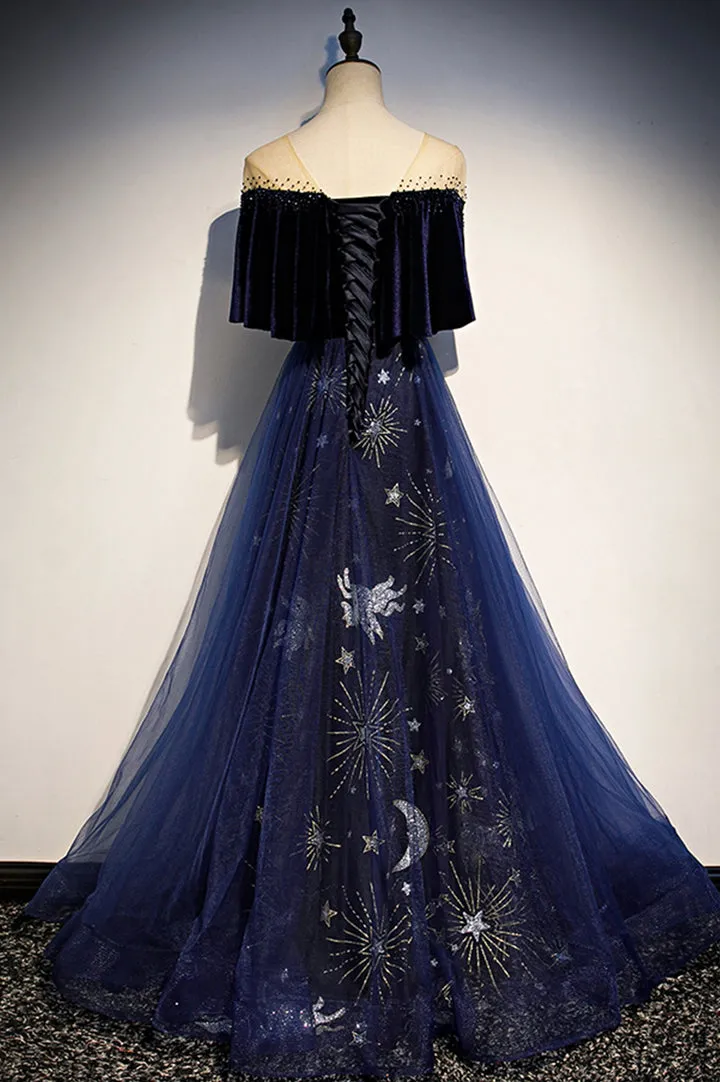 Blue Velvet Tulle Long Prom Dresses Formal Evening Dresses Off Shoulder