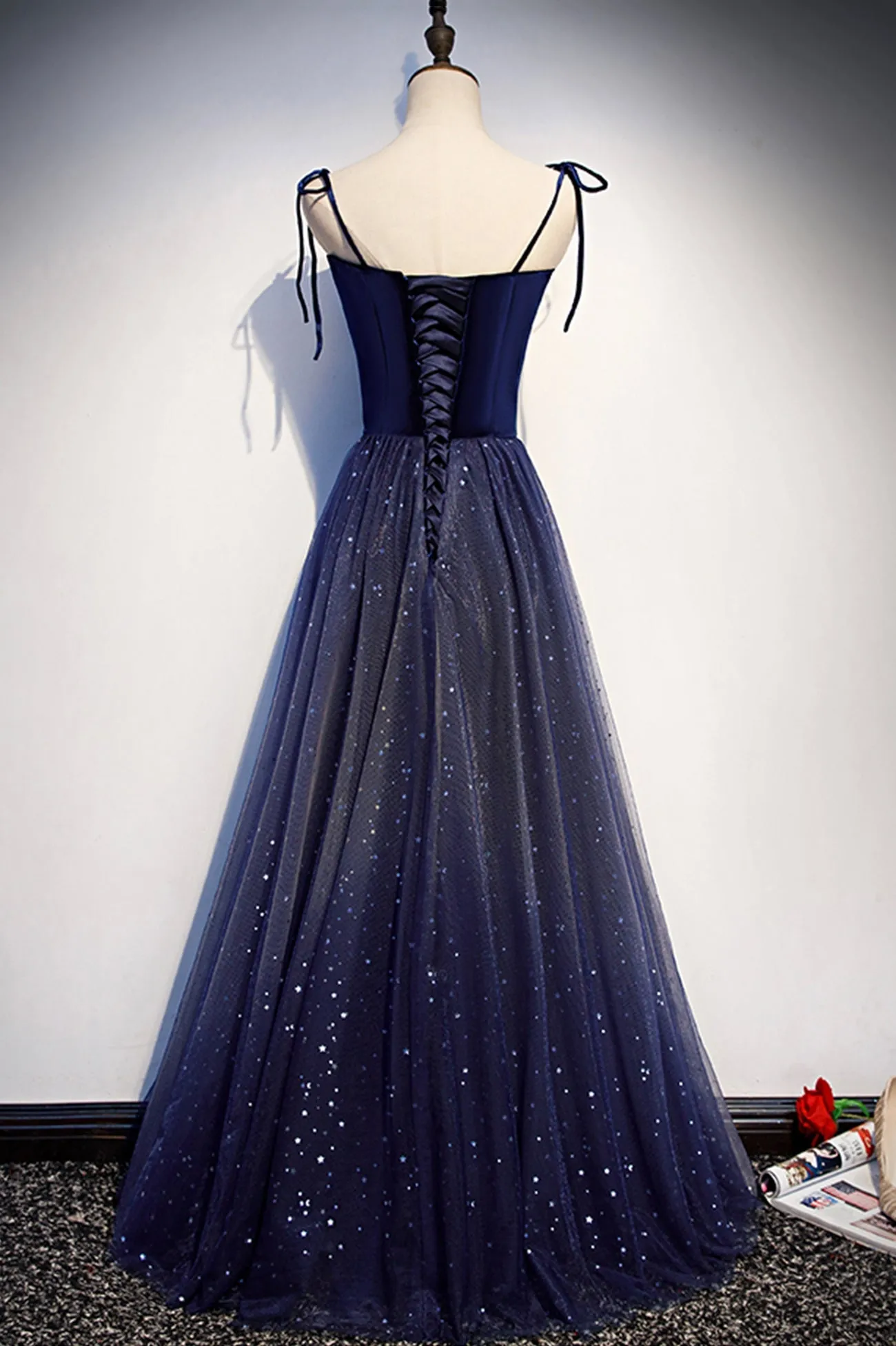 Blue Velvet Tulle Long Prom Dresses Lovely A-Line Graduation Dresses Sparkly Evening DressesSparkly