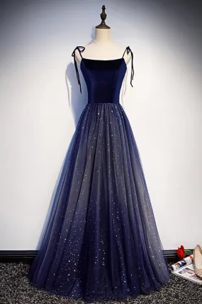 Blue Velvet Tulle Long Prom Dresses Lovely A-Line Graduation Dresses Sparkly Evening DressesSparkly