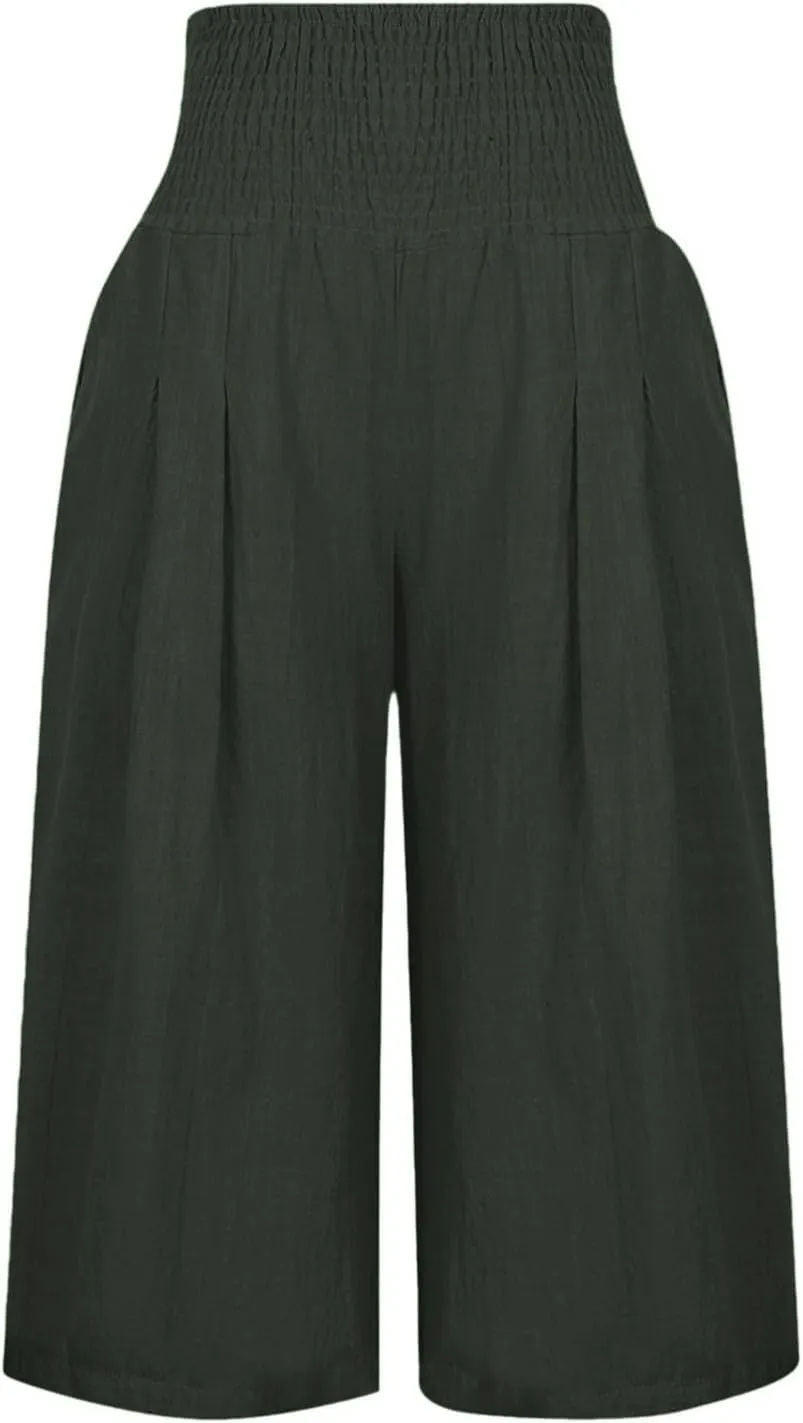 Capri Pants for Women 2025 Wide Leg Linen Palazzo Trousers Pull On Elastic Smock Waist Loose Flowy Pants with Pockets