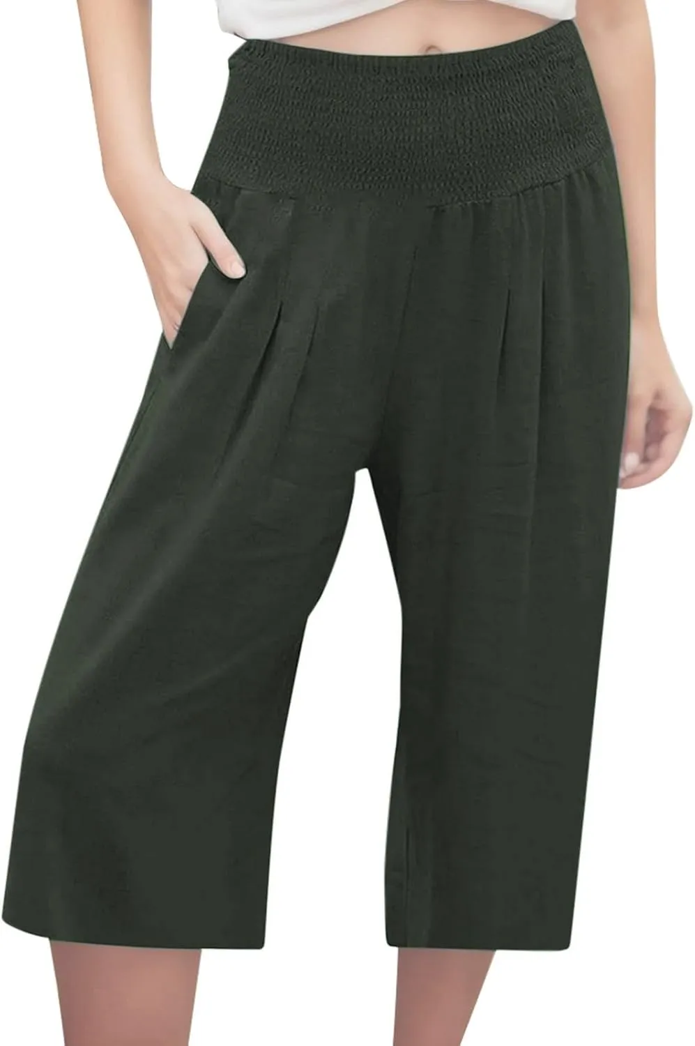 Capri Pants for Women 2025 Wide Leg Linen Palazzo Trousers Pull On Elastic Smock Waist Loose Flowy Pants with Pockets