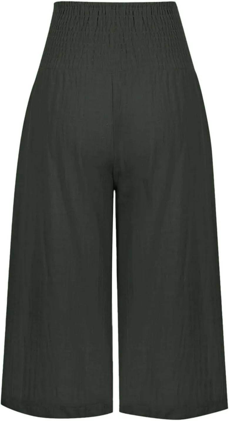 Capri Pants for Women 2025 Wide Leg Linen Palazzo Trousers Pull On Elastic Smock Waist Loose Flowy Pants with Pockets