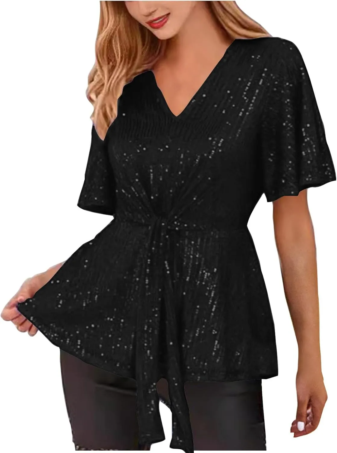 DASAYO Holiday Peplum Tops for Women Trendy Tie Front Tunics Elegant Blouse Dressy Casual Sequin V-Neck Short Sleeve Shirts