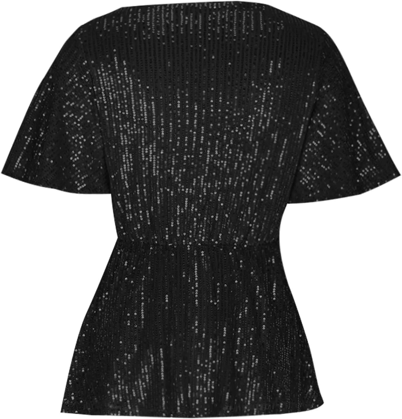 DASAYO Holiday Peplum Tops for Women Trendy Tie Front Tunics Elegant Blouse Dressy Casual Sequin V-Neck Short Sleeve Shirts