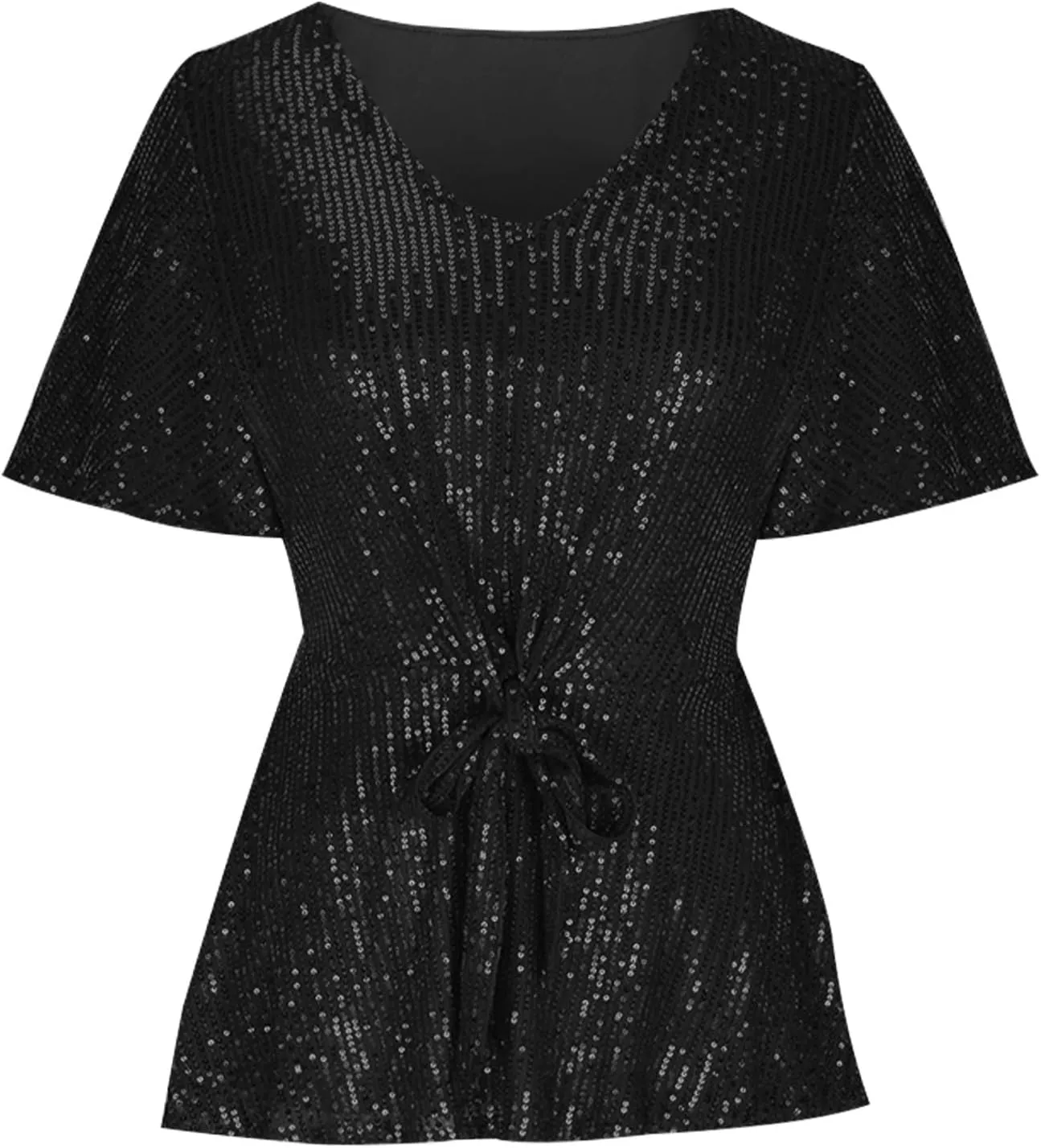 DASAYO Holiday Peplum Tops for Women Trendy Tie Front Tunics Elegant Blouse Dressy Casual Sequin V-Neck Short Sleeve Shirts