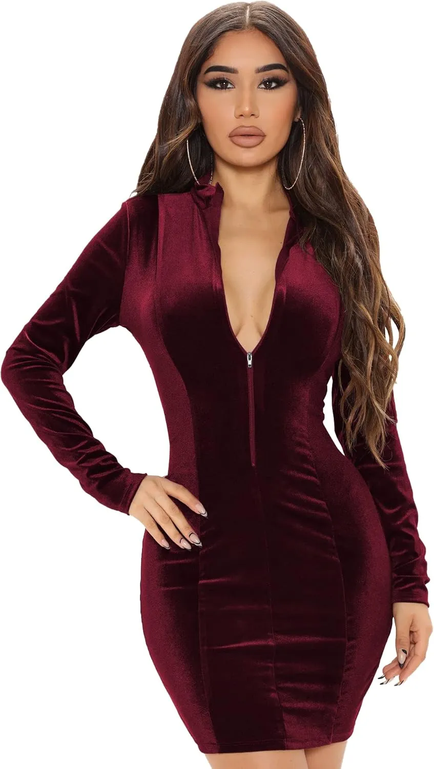 FairyLove Womens Sexy Long Sleeve Sleeves Maid Cocktail Guest Dresses Front Zipper Bodycon Slit Velvet Dresses