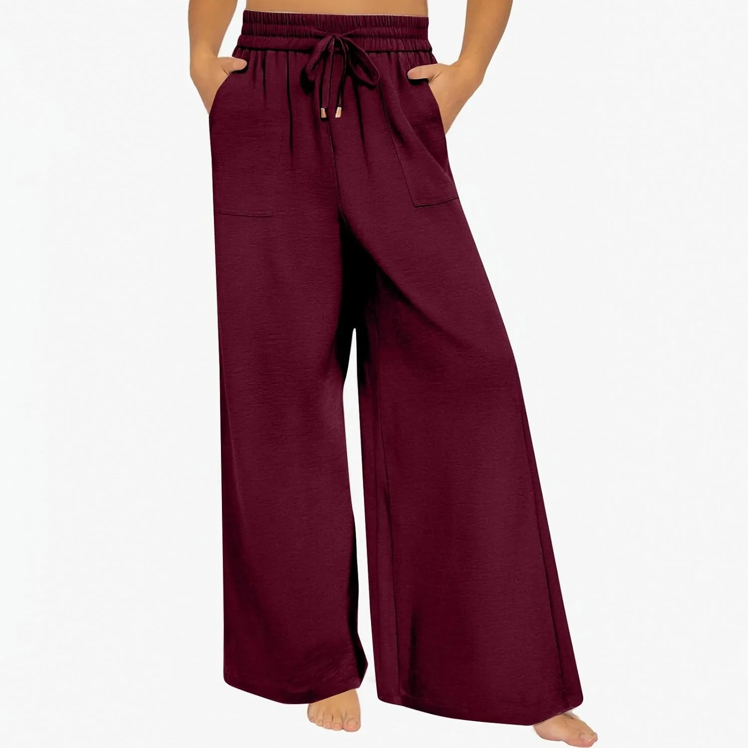 fanmpghleoo Wide Leg Linen Pants for Women Drawstring High Waisted Palazzo Pants Lounge Linen Trousers Flowy Boho Beach Pants