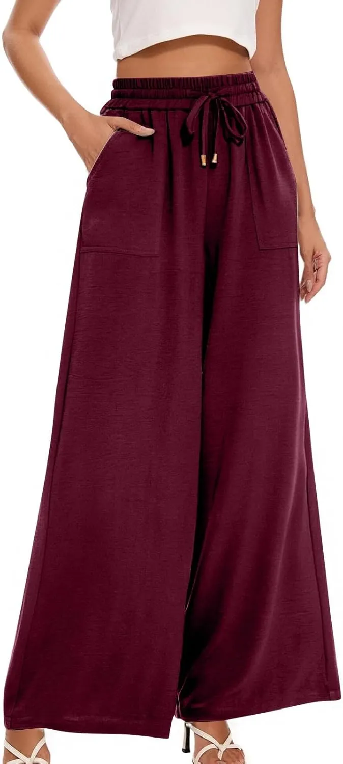 fanmpghleoo Wide Leg Linen Pants for Women Drawstring High Waisted Palazzo Pants Lounge Linen Trousers Flowy Boho Beach Pants