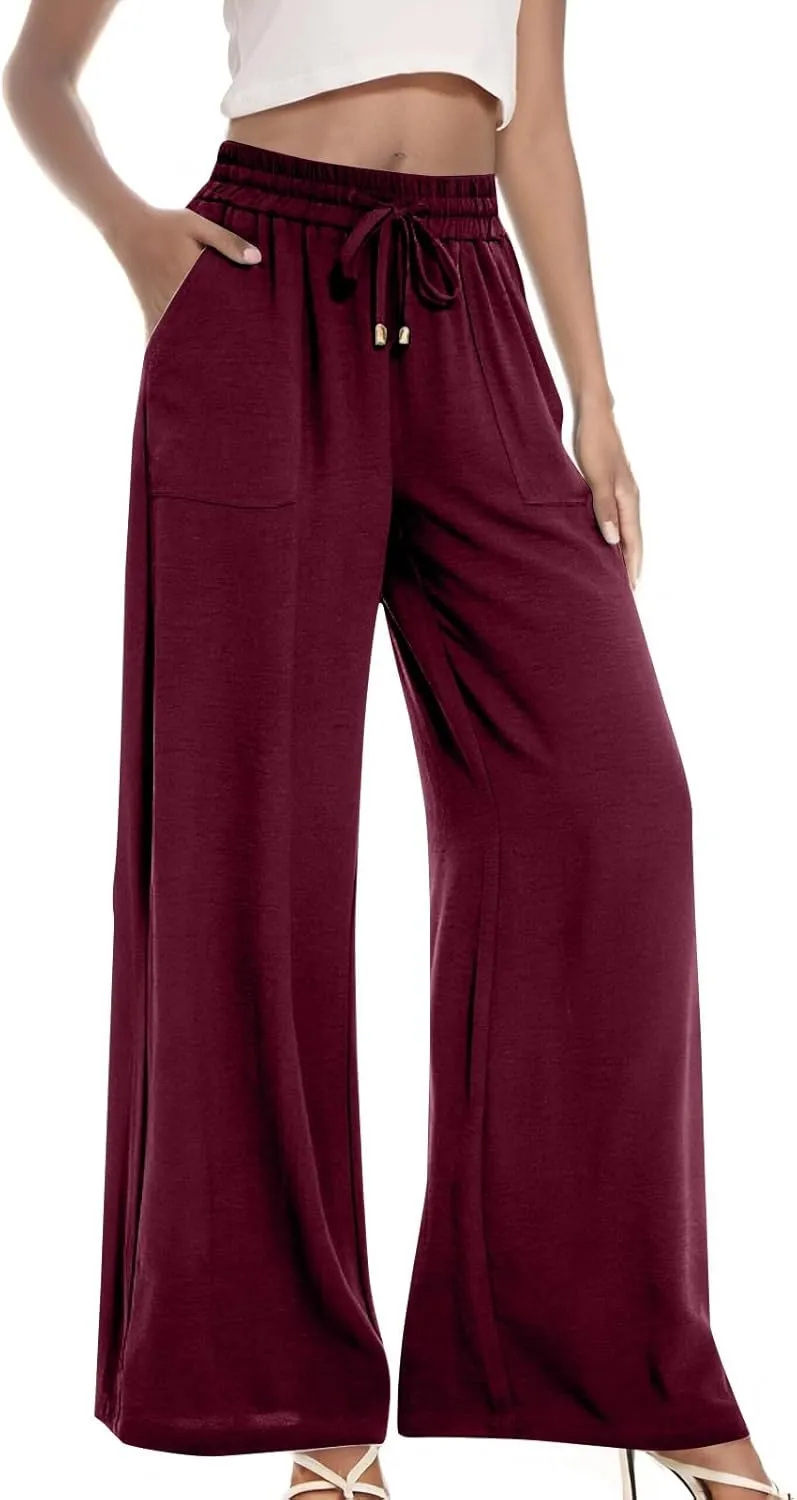 fanmpghleoo Wide Leg Linen Pants for Women Drawstring High Waisted Palazzo Pants Lounge Linen Trousers Flowy Boho Beach Pants