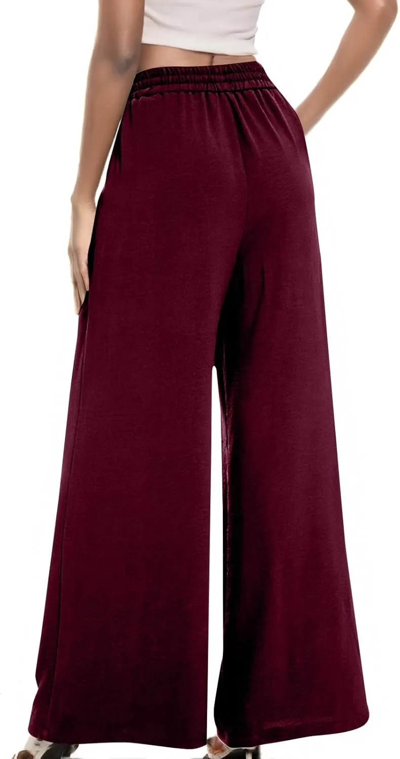 fanmpghleoo Wide Leg Linen Pants for Women Drawstring High Waisted Palazzo Pants Lounge Linen Trousers Flowy Boho Beach Pants