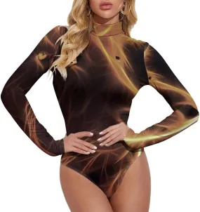 Fire Lion Women's Long Sleeve Bodysuit Turtleneck Tops Stretch Jumpsuit T Shirts