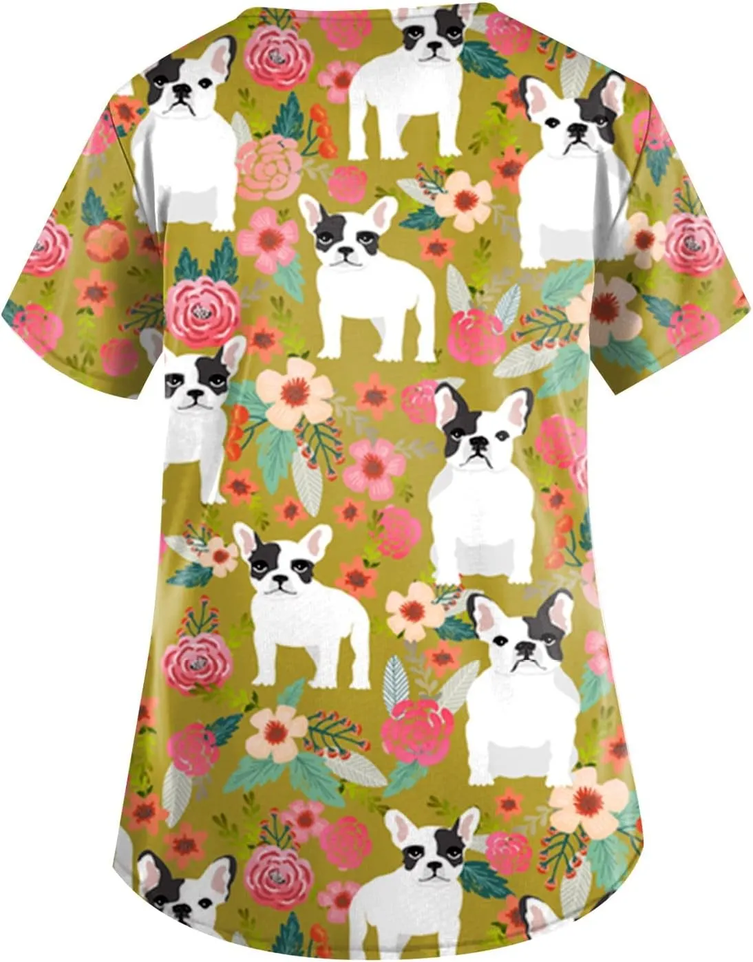 FONMA Scrub Tops Women Summer Fashion Printed Short Sleeve V Neck Nurse Uniform Shirt Loose Fit Workout Blouse with Pockets