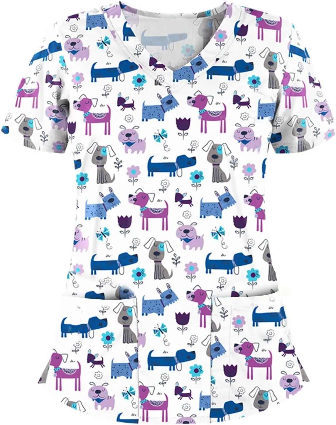 FONMA Scrub Tops Women Summer Fashion Printed Short Sleeve V Neck Nurse Uniform Shirt Loose Fit Workout Blouse with Pockets