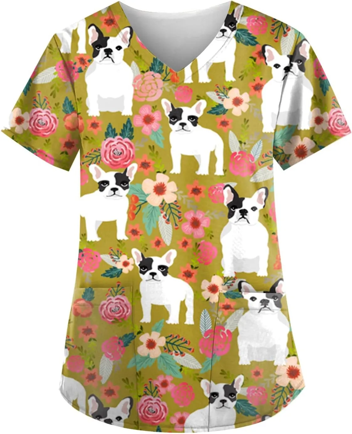 FONMA Scrub Tops Women Summer Fashion Printed Short Sleeve V Neck Nurse Uniform Shirt Loose Fit Workout Blouse with Pockets