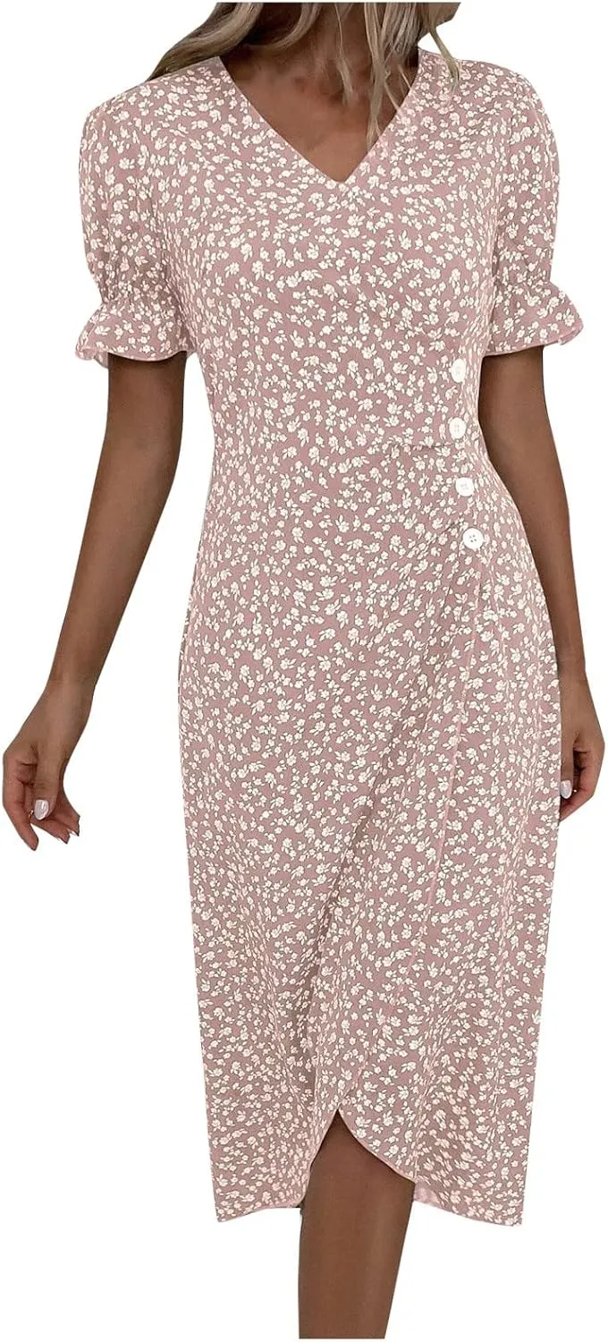 Formal Midi Dresses for Women Ruffled Short Sleeve V Neck Irregular Hem Dress A-line Boho Floral Wedding Guest Dress