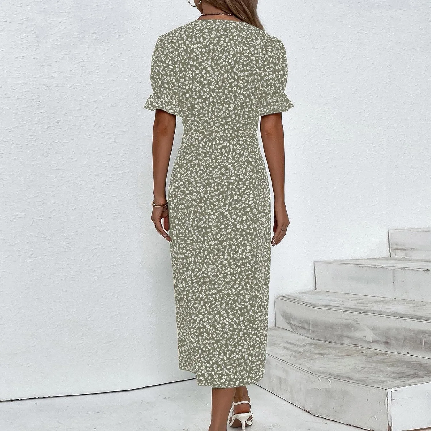 Formal Midi Dresses for Women Ruffled Short Sleeve V Neck Irregular Hem Dress A-line Boho Floral Wedding Guest Dress