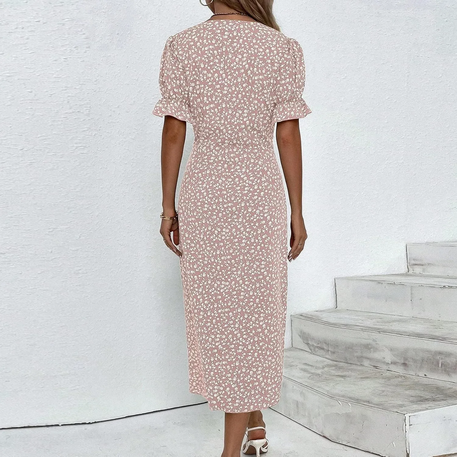 Formal Midi Dresses for Women Ruffled Short Sleeve V Neck Irregular Hem Dress A-line Boho Floral Wedding Guest Dress