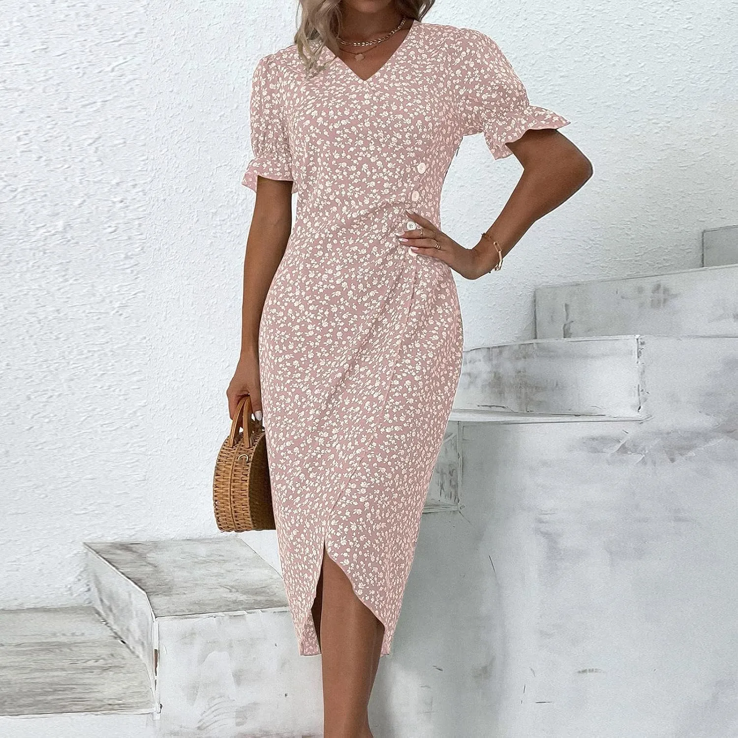 Formal Midi Dresses for Women Ruffled Short Sleeve V Neck Irregular Hem Dress A-line Boho Floral Wedding Guest Dress
