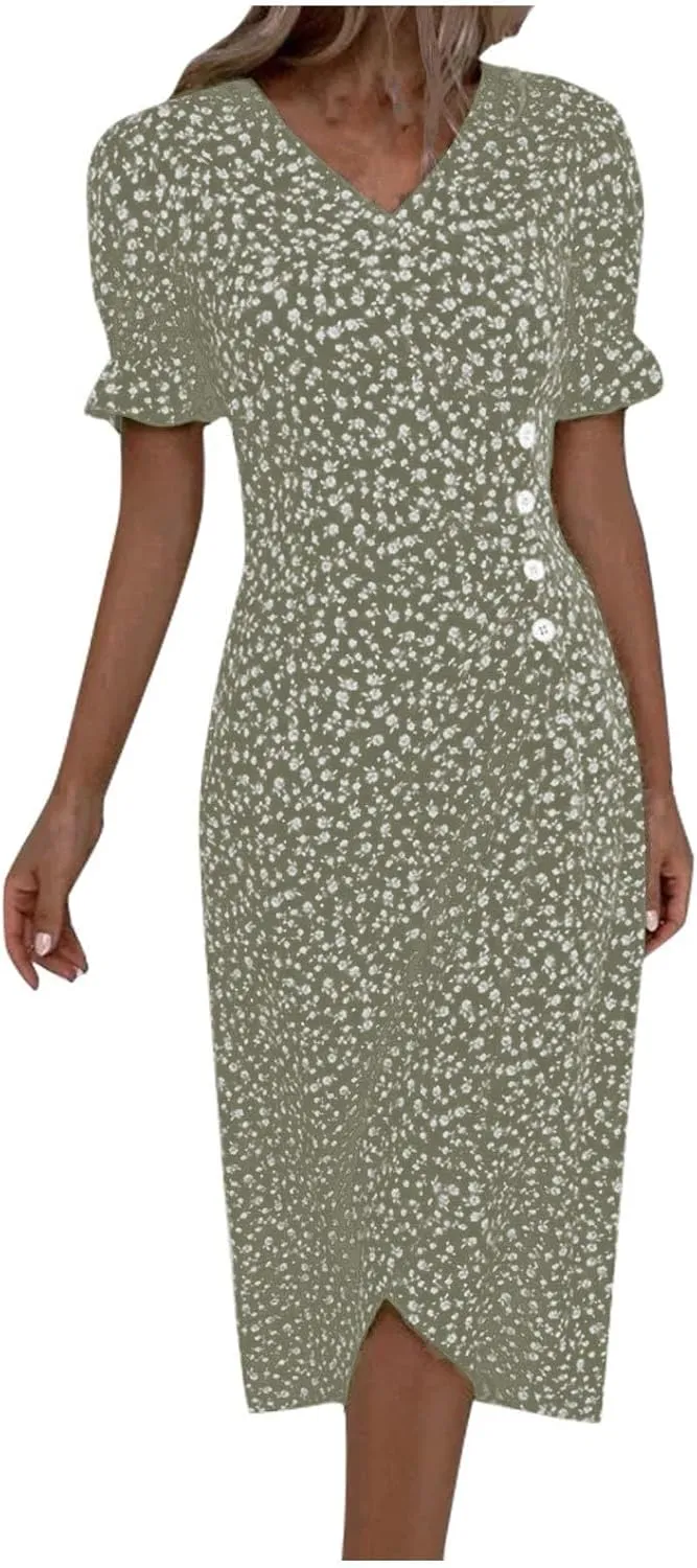 Formal Midi Dresses for Women Ruffled Short Sleeve V Neck Irregular Hem Dress A-line Boho Floral Wedding Guest Dress