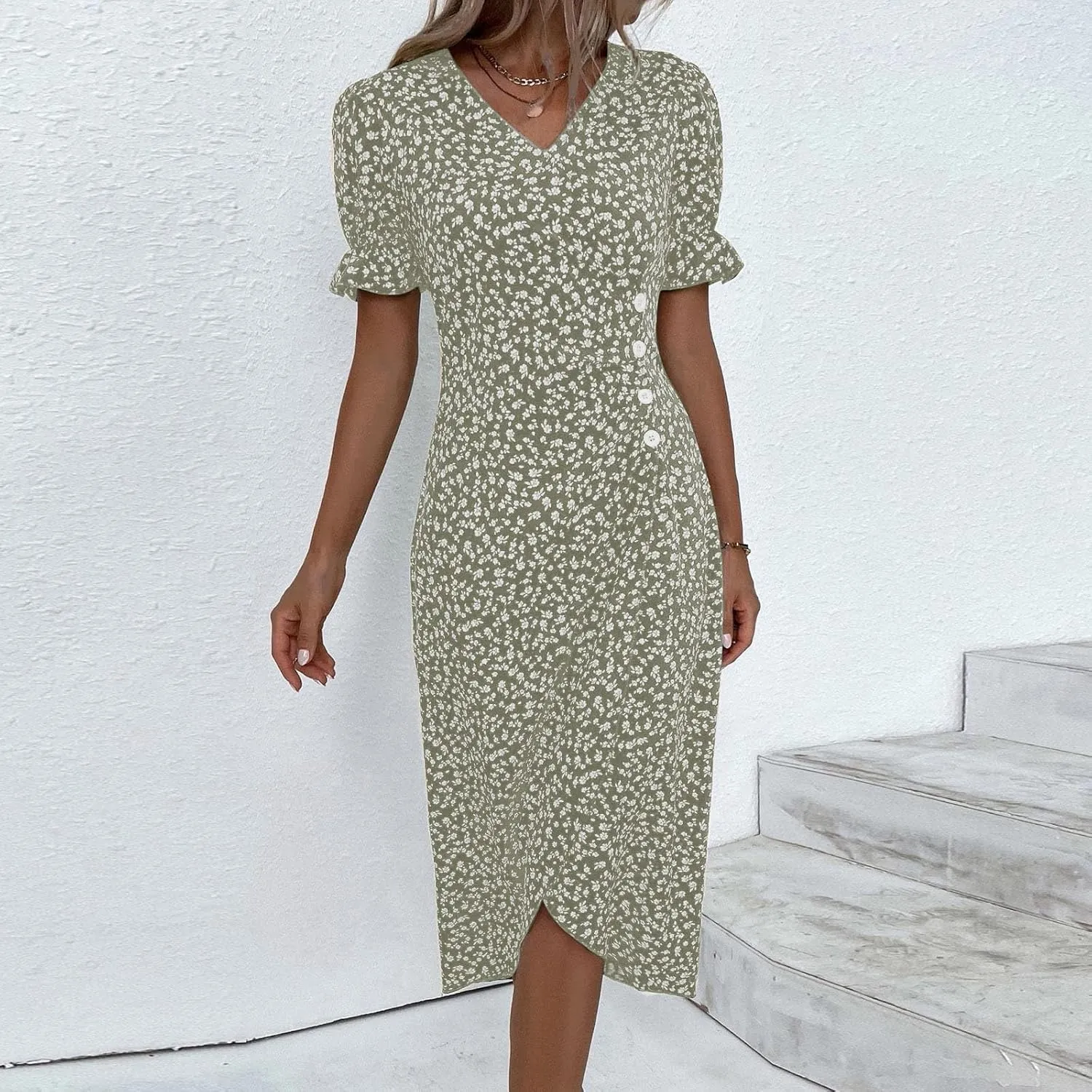 Formal Midi Dresses for Women Ruffled Short Sleeve V Neck Irregular Hem Dress A-line Boho Floral Wedding Guest Dress