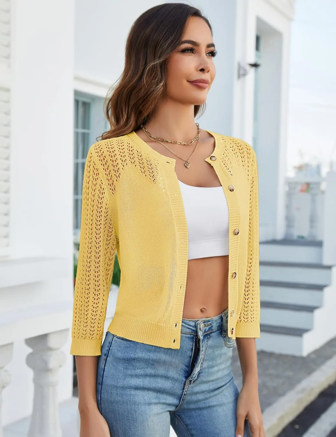 Genhoo 2024 Women's 3/4 Sleeve Cropped Cardigan Summer Lightweight Button Down Sweater Crochet Knit Bolero Shrugs