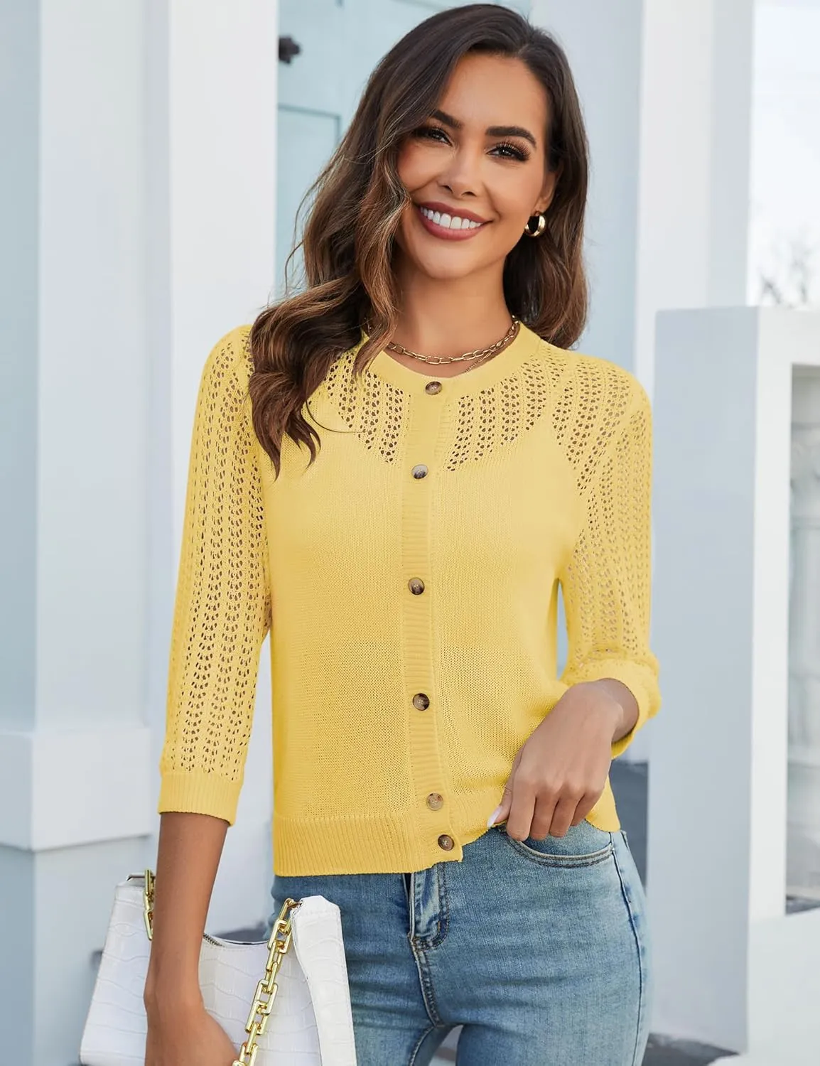 Genhoo 2024 Women's 3/4 Sleeve Cropped Cardigan Summer Lightweight Button Down Sweater Crochet Knit Bolero Shrugs