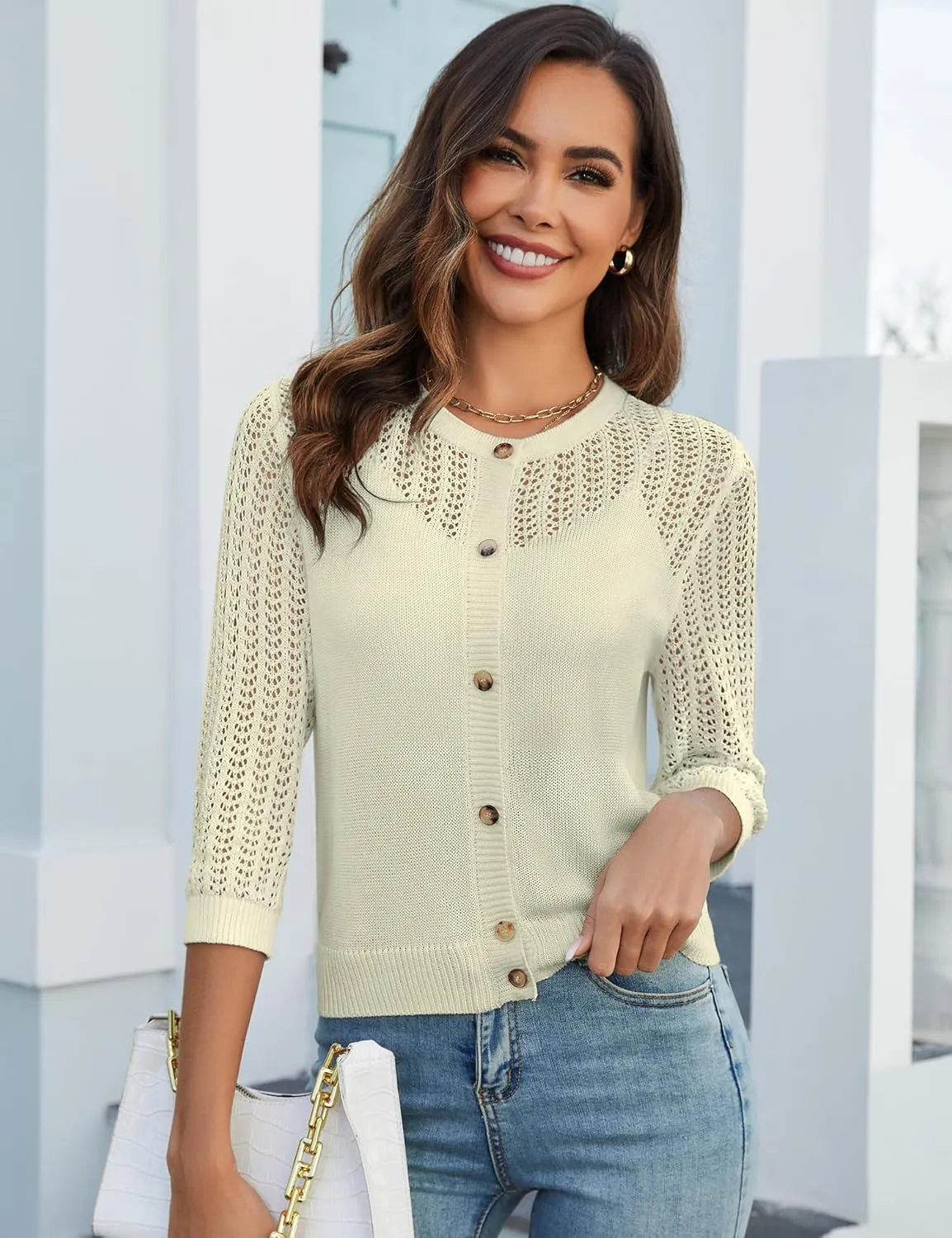 Genhoo 2024 Women's 3/4 Sleeve Cropped Cardigan Summer Lightweight Button Down Sweater Crochet Knit Bolero Shrugs