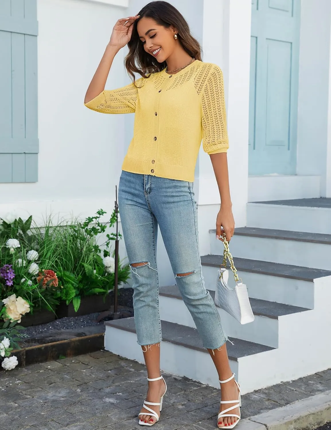 Genhoo 2024 Women's 3/4 Sleeve Cropped Cardigan Summer Lightweight Button Down Sweater Crochet Knit Bolero Shrugs