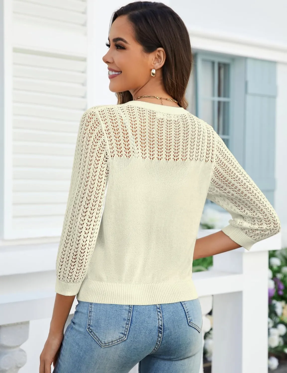 Genhoo 2024 Women's 3/4 Sleeve Cropped Cardigan Summer Lightweight Button Down Sweater Crochet Knit Bolero Shrugs