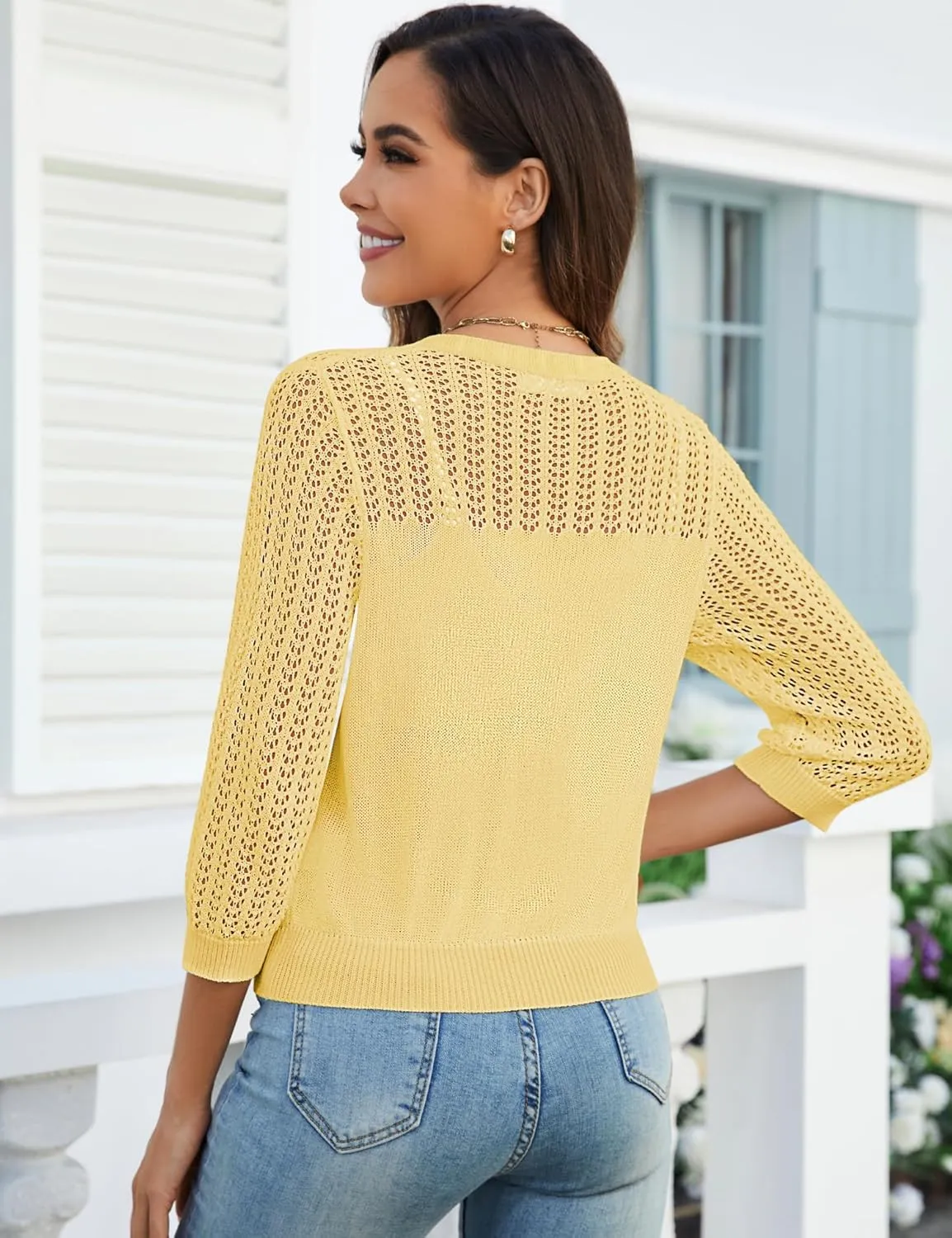 Genhoo 2024 Women's 3/4 Sleeve Cropped Cardigan Summer Lightweight Button Down Sweater Crochet Knit Bolero Shrugs