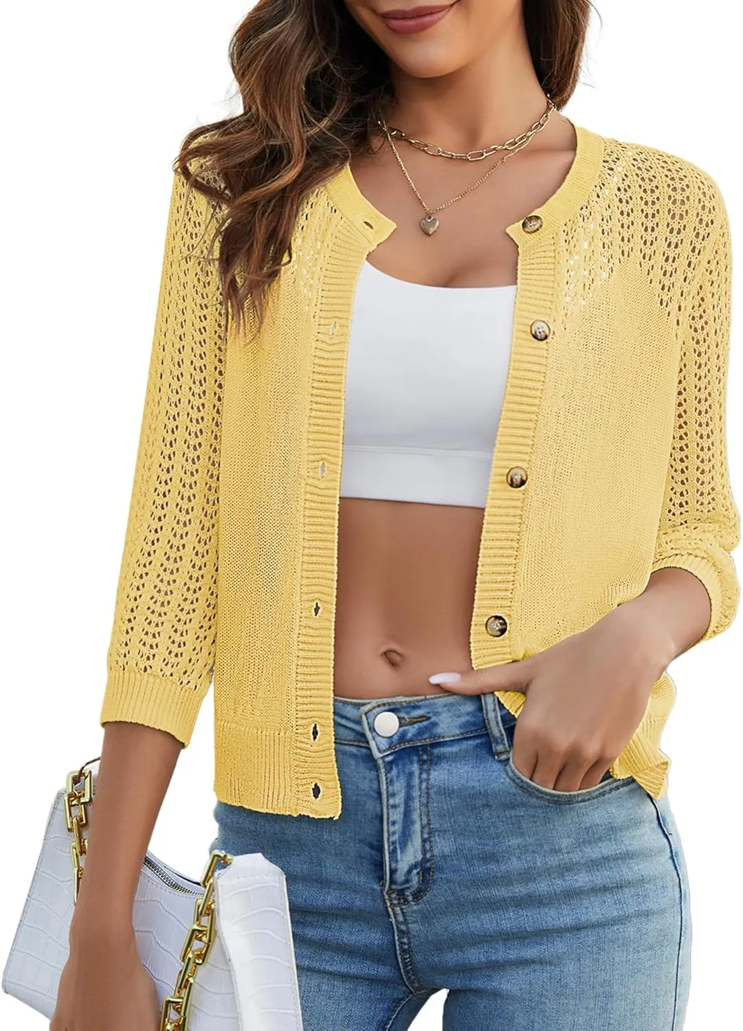 Genhoo 2024 Women's 3/4 Sleeve Cropped Cardigan Summer Lightweight Button Down Sweater Crochet Knit Bolero Shrugs