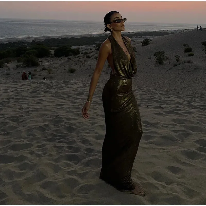 Glittery Plunging Cowel Neck Backless Sling Ultra Ruched Fashion Maxi Dress