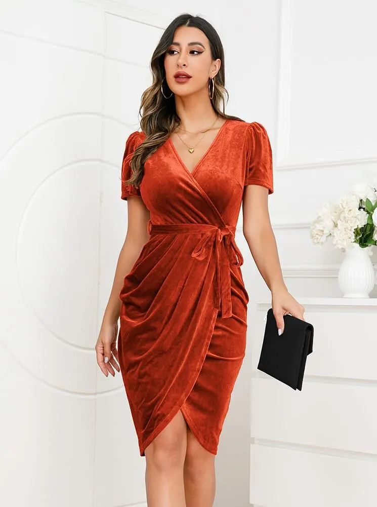 IHOT 2024 Women's Sexy V Neck Wrap Velvet Dress Short Sleeve Ruched Sheath Bodycon Cocktail Party Dress