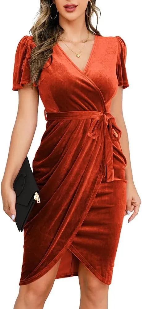 IHOT 2024 Women's Sexy V Neck Wrap Velvet Dress Short Sleeve Ruched Sheath Bodycon Cocktail Party Dress