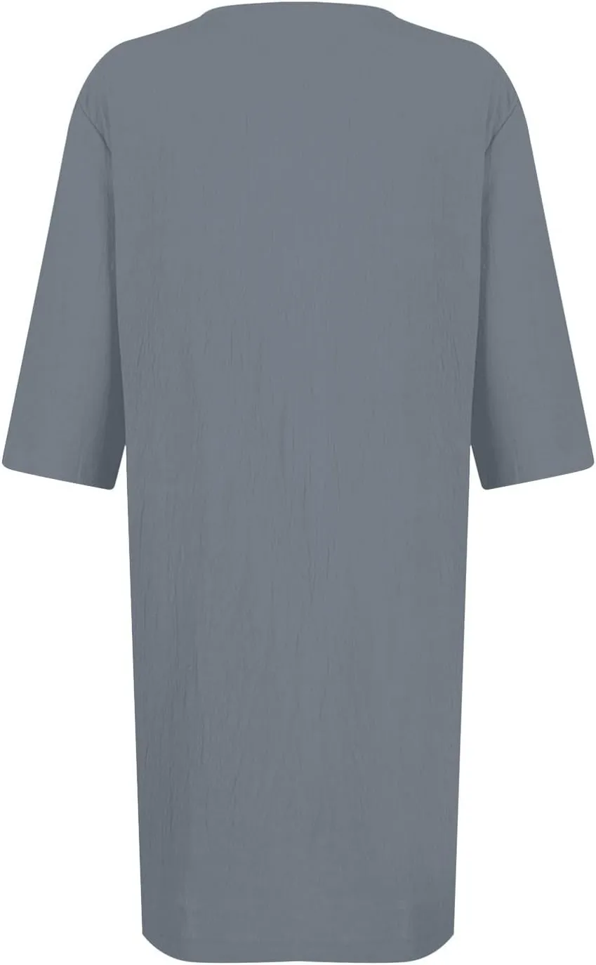 Linen Dress Women Summer V Neck Half Sleeve Causal Loose Tshirt Dresses Flowy Beach Boho Midi Dress with Pockets