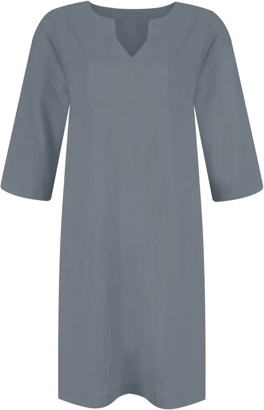 Linen Dress Women Summer V Neck Half Sleeve Causal Loose Tshirt Dresses Flowy Beach Boho Midi Dress with Pockets