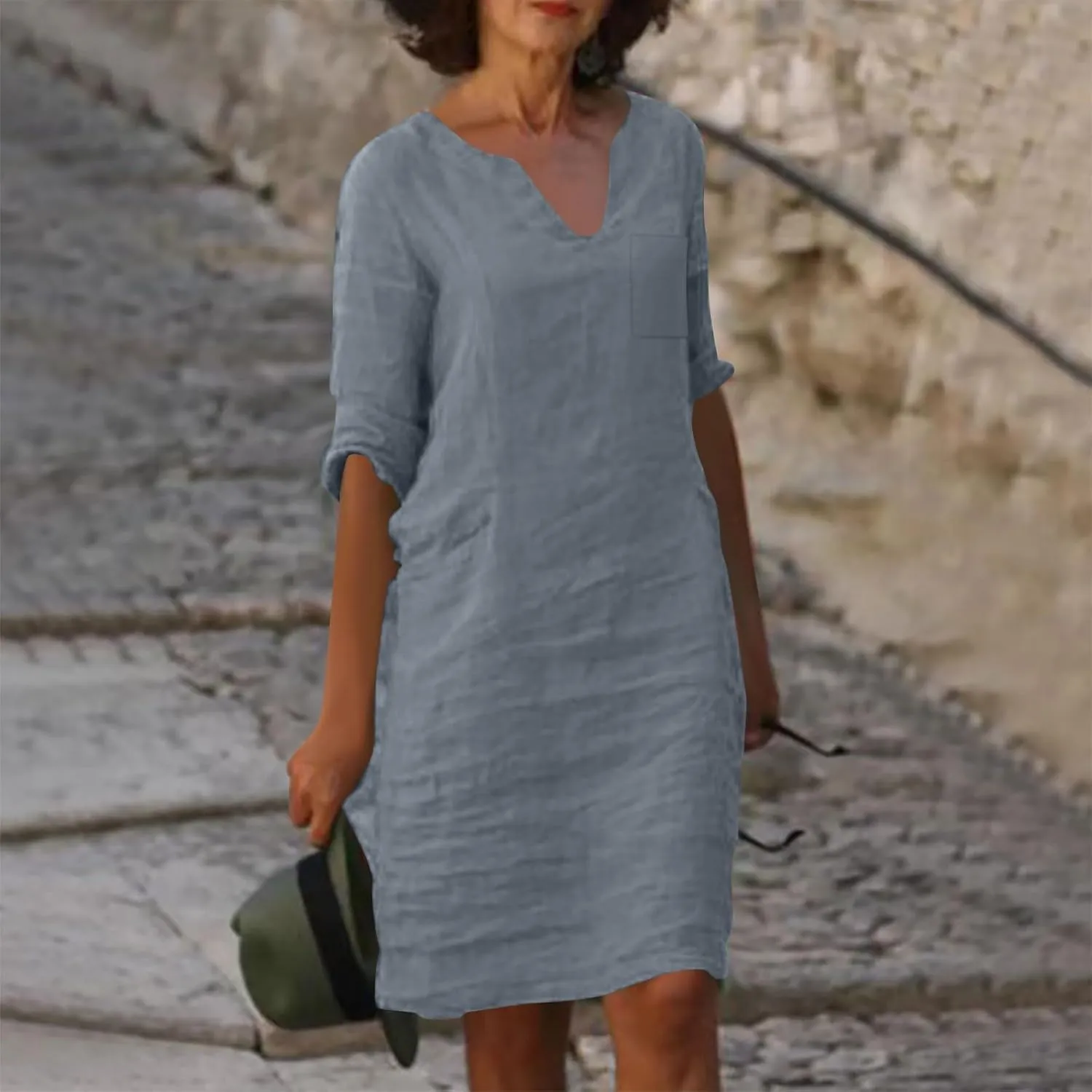 Linen Dress Women Summer V Neck Half Sleeve Causal Loose Tshirt Dresses Flowy Beach Boho Midi Dress with Pockets