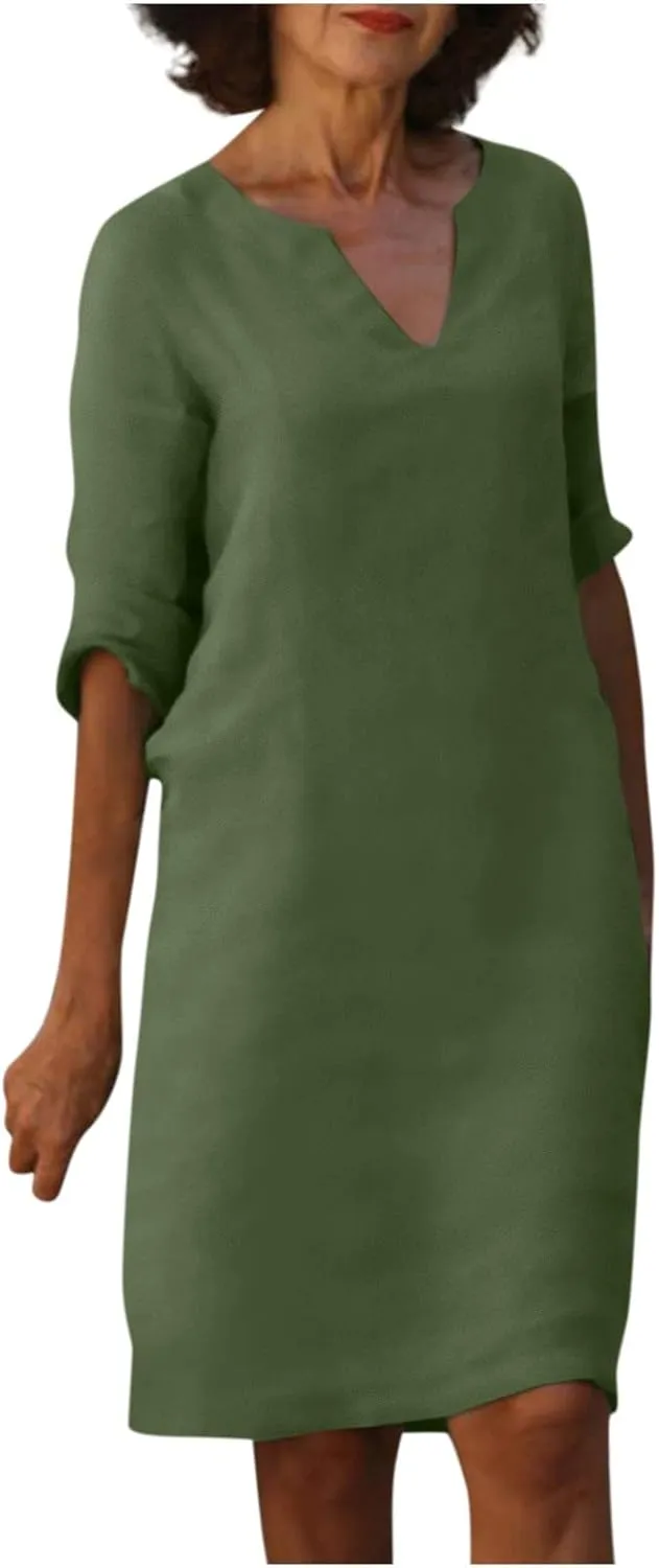 Linen Dresses for Women 2025 Casual Summer 3/4 Sleeve V Neck Knee Length Dress Mini Cruise Beach Vacation Sun Dresses