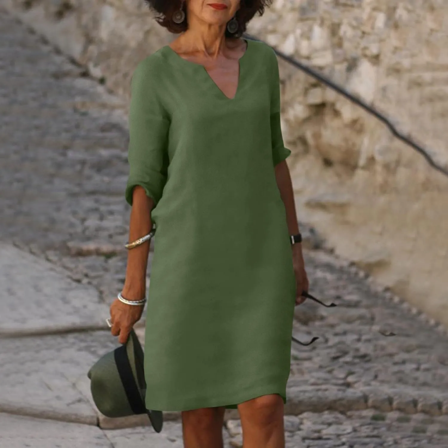 Linen Dresses for Women 2025 Casual Summer 3/4 Sleeve V Neck Knee Length Dress Mini Cruise Beach Vacation Sun Dresses