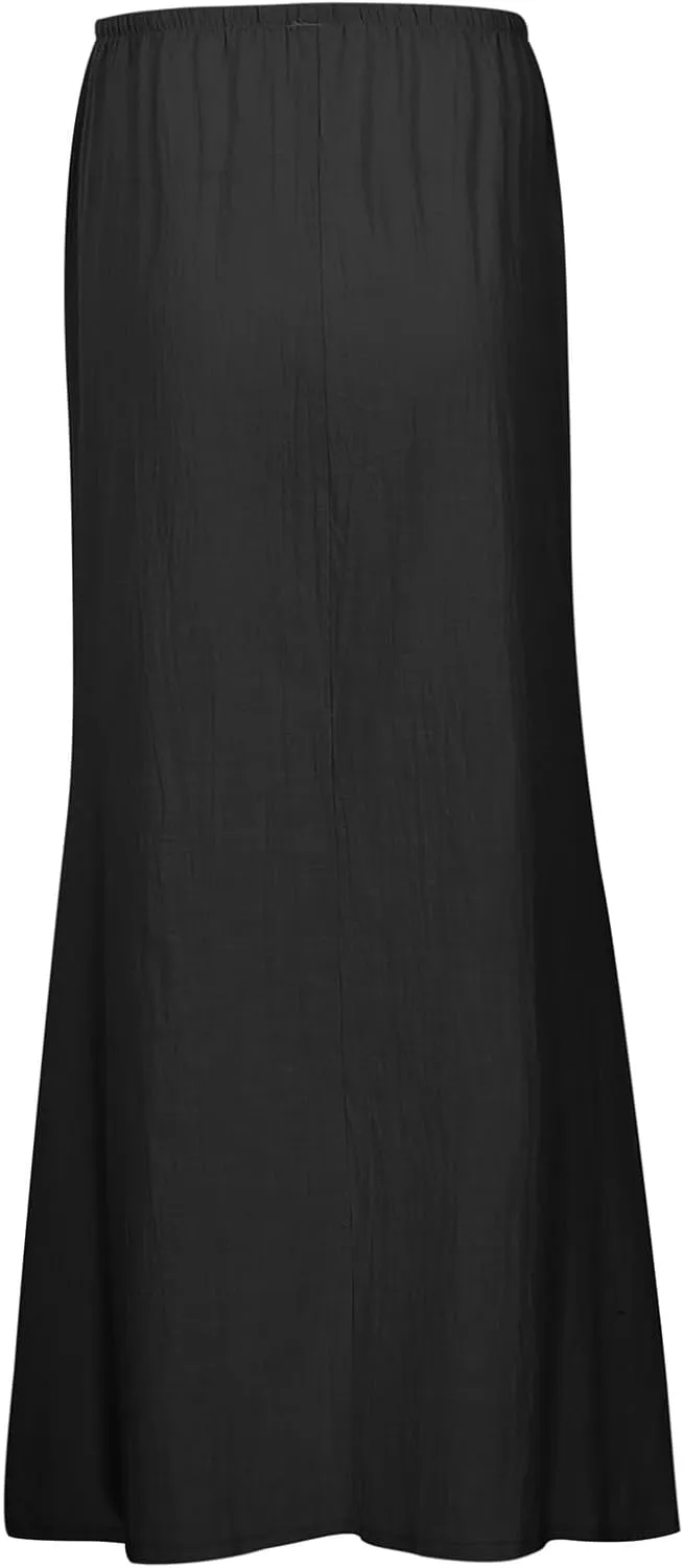 Linen Maxi Skirts for Women Summer Drawstring Waist A Line Skirts Cute Vacation Boho Beach Long Flowy Skirts