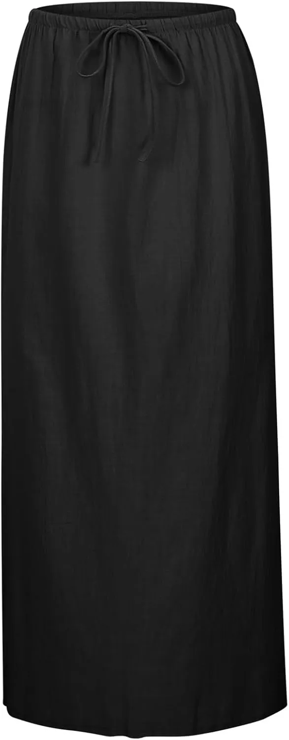Linen Maxi Skirts for Women Summer Drawstring Waist A Line Skirts Cute Vacation Boho Beach Long Flowy Skirts